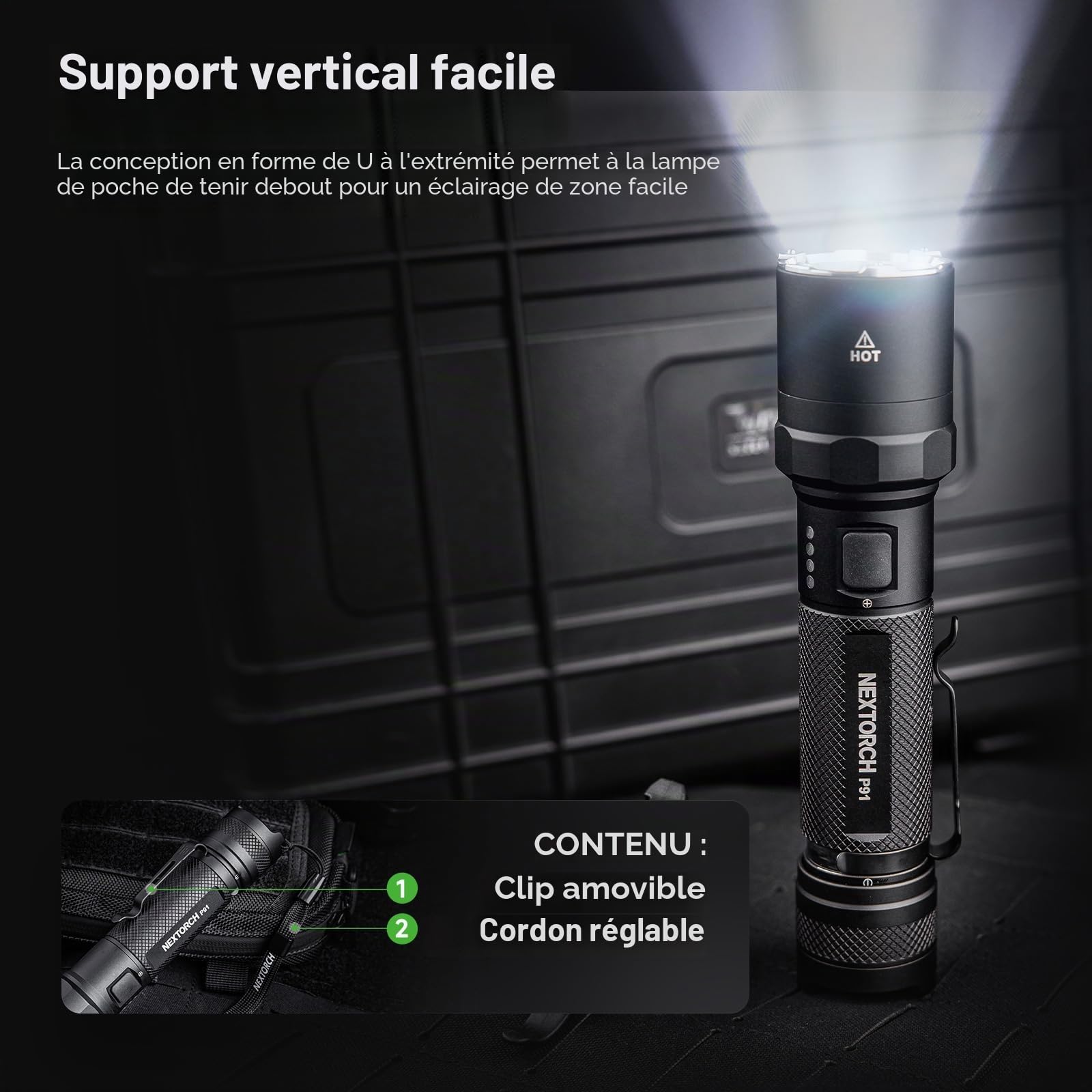Nextorch P91 Lampe torche LED rechargeable puissante haute luminosité 5000 lumens avec 4 modes et stroboscopique, étanche IPX7 pour camping, randonnée, voyage, urgence en plein air, utilisation