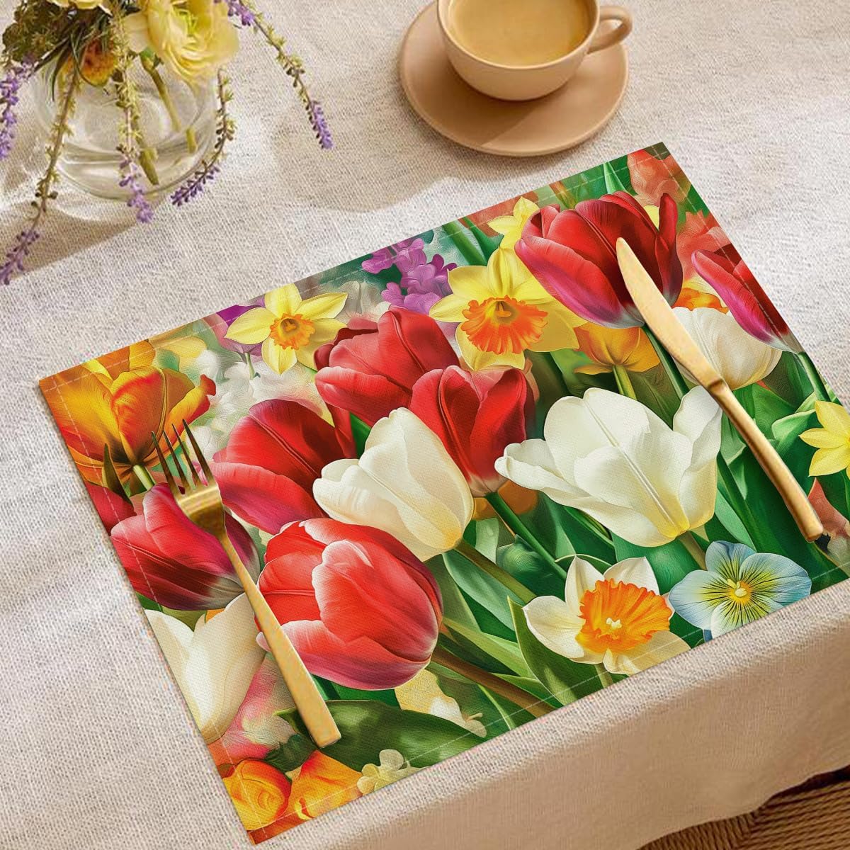 Bright Tulips Spring Placemats 18X12 Inch, Art Green Leaves Summer Seasonal Kitchen Dining Coffee Set of 8 Table Mats for Home Indoor Outdoor Party
