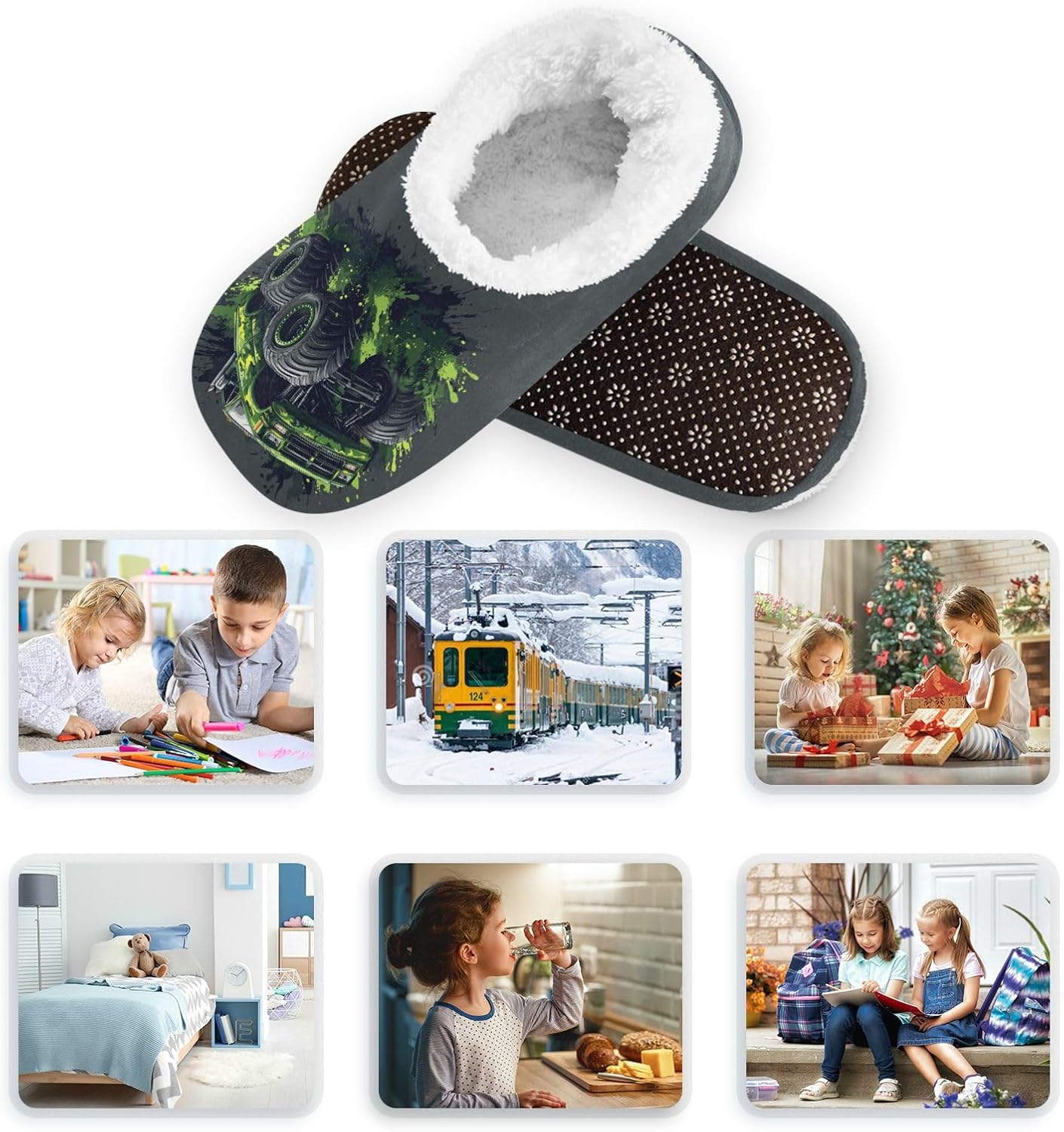 Green Black Monster Truck Boys Girls House Slippers Kids Toddler Home Shoes Winter Indoor Shoe XS