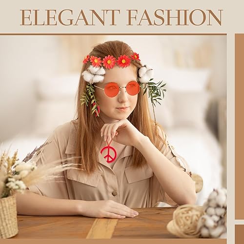 Miniatura 2 de Juego de 6 accesorios de disfraz hippie de los años 60 y 70, gafas hippie retro de los años 60 y 70, aretes y collar, banda para el pelo de girasol
