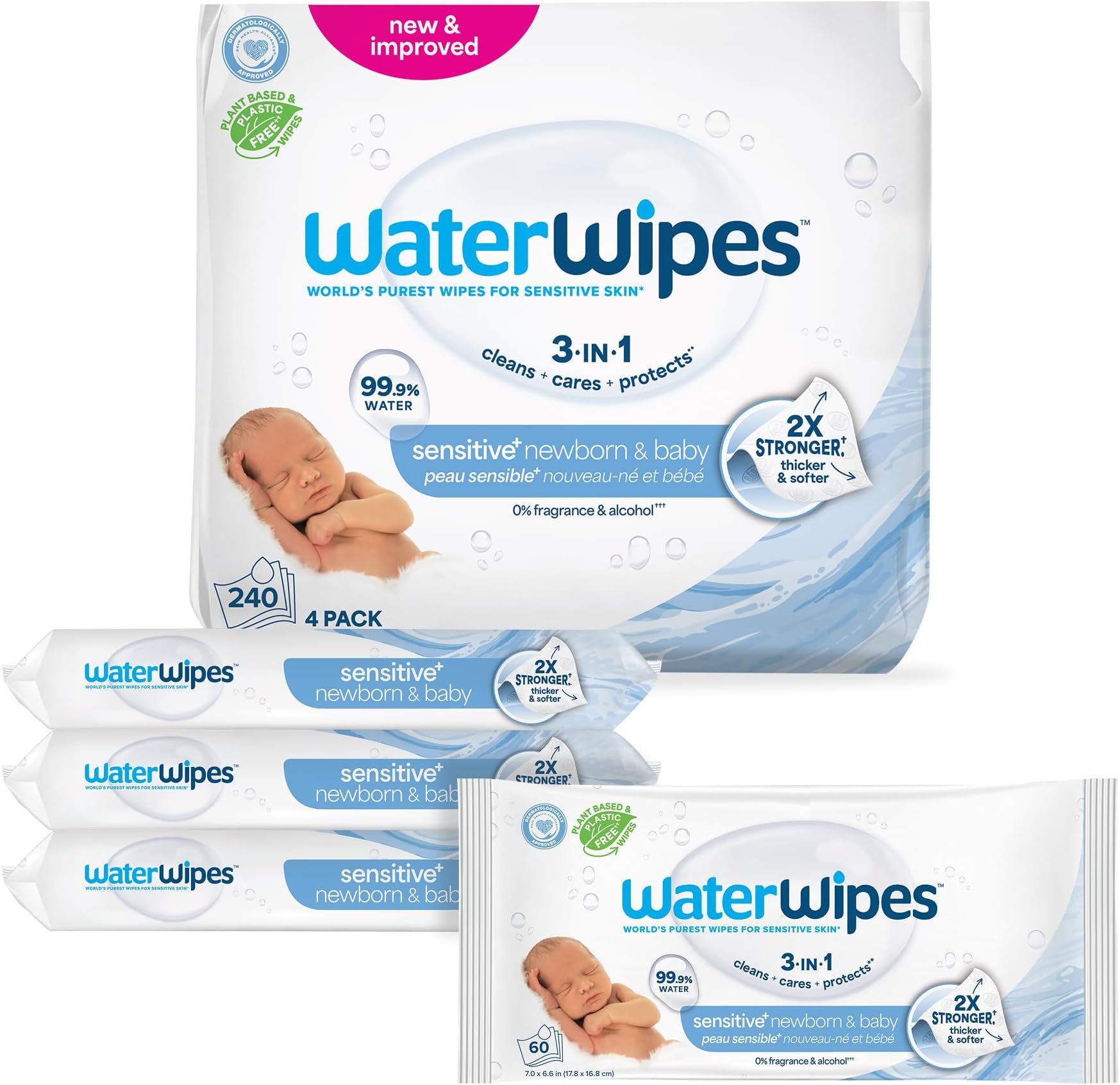 Sensitive+ Newborn & Baby Wipes, 3-In-1 Cleans, Cares, Protects, 99.9% Water, Unscented & Hypoallergenic, 240 Count (4 Packs)