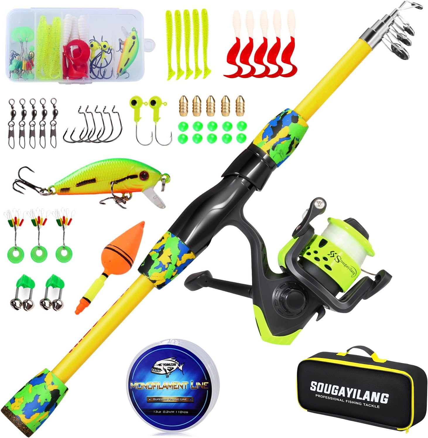 Kids Fishing Rod and Reel Combo,Light Weight Fishing Pole with Spinning Fishing Reel Tackle Bag Lures for Youth,Girls and Boys Good Starter Fishing Kit