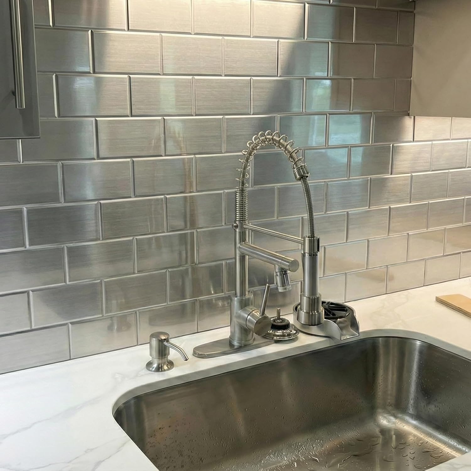 From Plain To Beautiful In Hours 129 Subway PVC 2' x 8' Glue-up Backsplash Panels (Covers / 32 sq.ft), Brushed Stainless Steel, 2 Piece