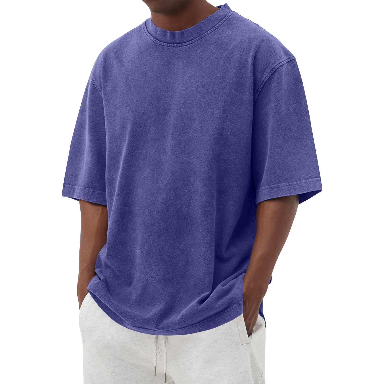 Camisa 100% algodón para hombre, ajuste holgado, aspecto desgastado, casual, media manga, oversize, playera retro de verano con cuello redondo, Azul marino, Large