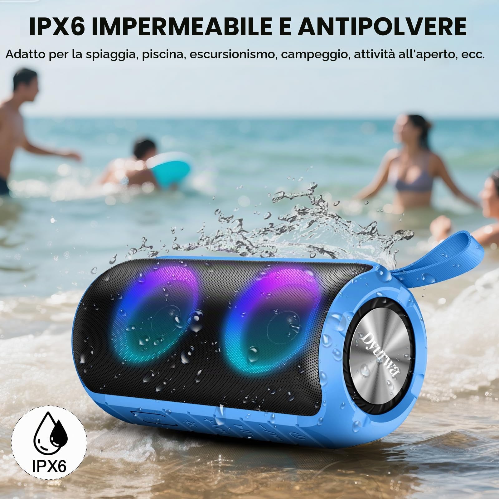 Cassa Bluetooth Portatile Potente 24W, Altoparlante Bluetooth 5.3 con Suono Stereo, IPX6 Speaker Bluetooth con Luce LED, Abbinamento TWS, 12H di Autonomia, Chiamata Senza Mani per Casa, Esterno,Viaggi