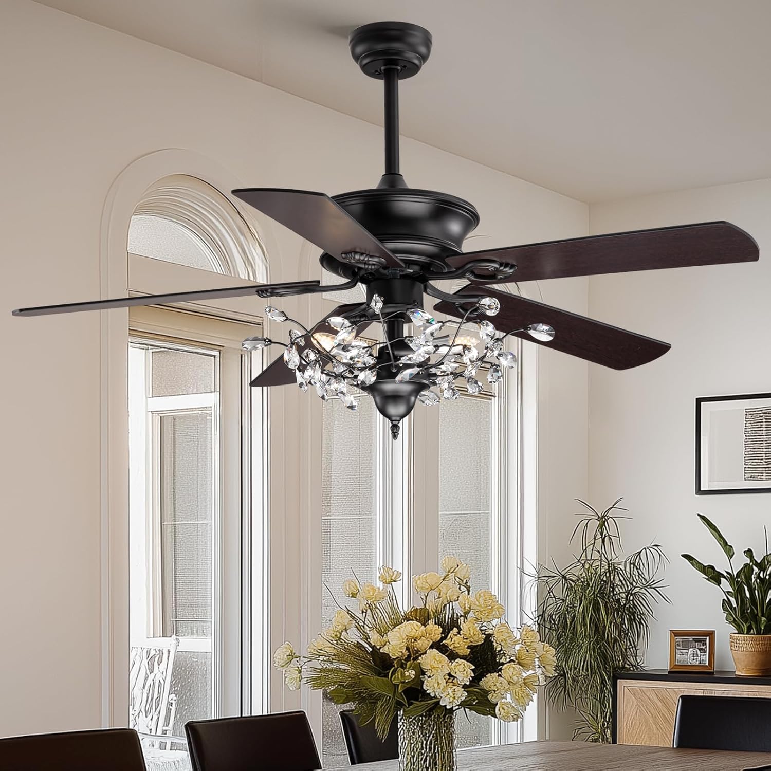 50" Reversible Crystal Ceiling Fan with Lights, Black Vintage Chandelier Fan with Remote Control, 6-Speed Adjustable & Quiet Motor – Fandelier for Bedroom, Living Room, Dining Room