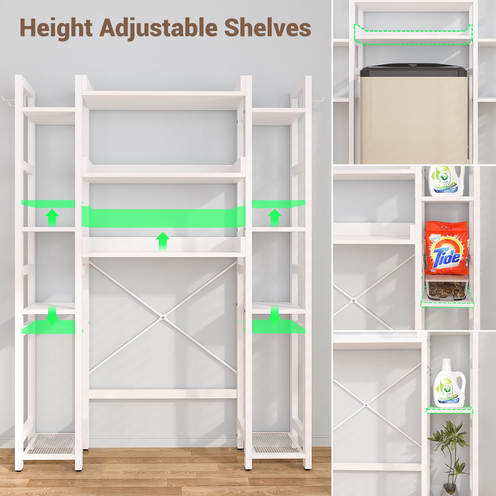 Besiost Over The Toilet Storage with 2 Drawers - 11 Tier Bathroom Organizer Freestanding Space Saver Storage Rack with Adjustable Shelf Above Toilet Stand with 4 Hooks for Restroom, Laundry, White