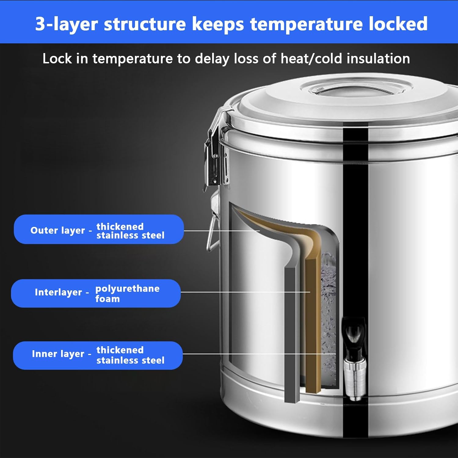 AIZYR Insulated Bucket Large Capacity with Spigot 304 Stainless Steel Insulated Soup Bucket Hot Water Milk Tea Coffee Juice for Family Gathering,36.5L