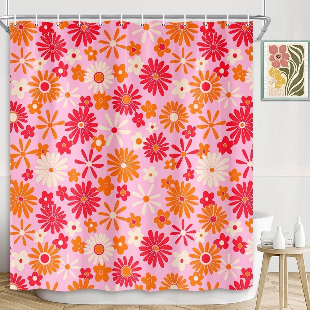 Retro Flower Hot Pink Shower Curtain Cute Vintage 70s Groovy Floral Bathroom Accessories, Boho Hippie Funky Chic Bathtub Curtain with Colorful Flowers Modern Artistic Fabric Bathroom Decor Set 70X75IN