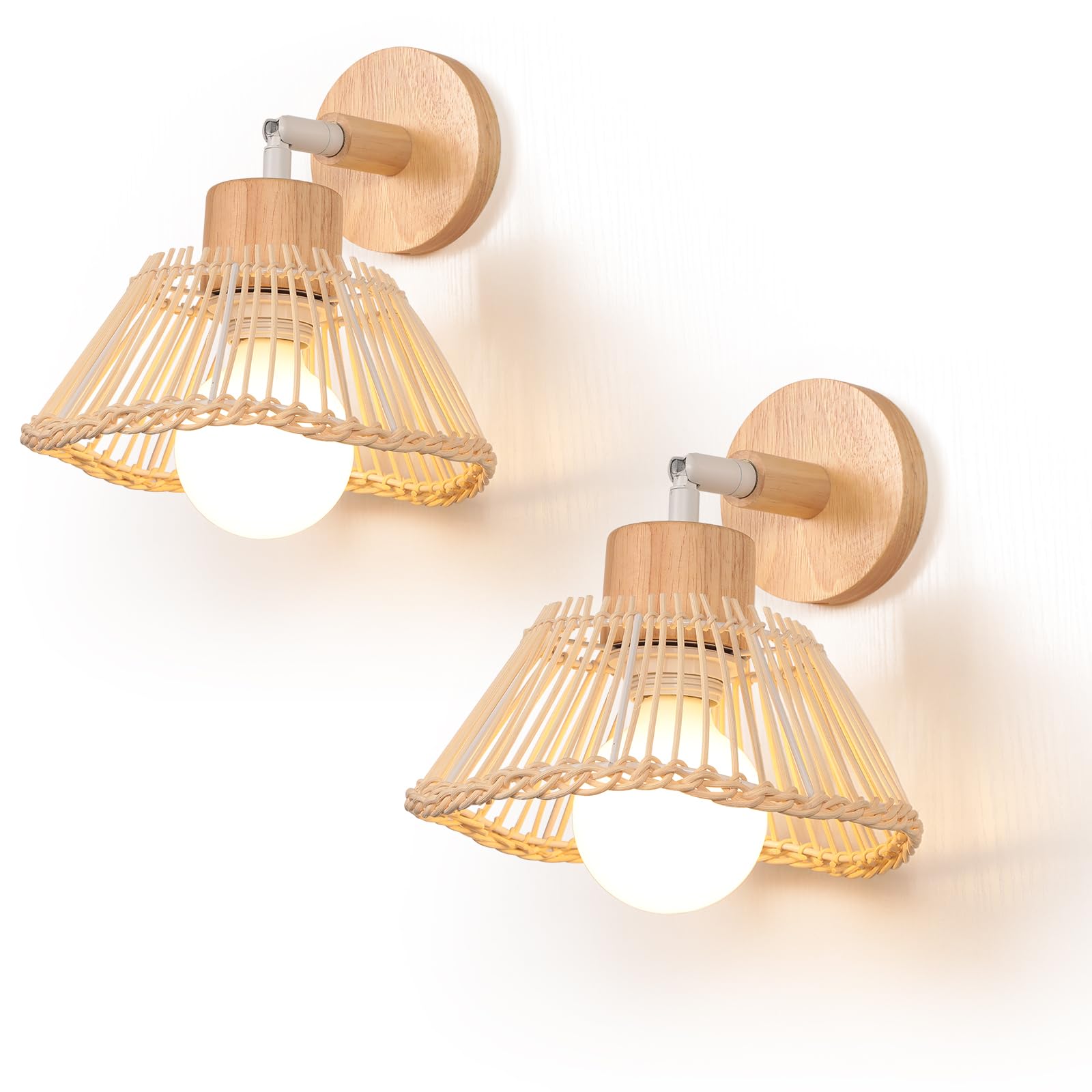 Lot de 2 Appliques Murales en Bambou Lampe Tressée à la Main Abat-jour E27 Applique Murale en Rotin Vintage Bois Lampe de Mur Rotative Plafonnier Luminaire Déco pour Salon Chambre Couloir