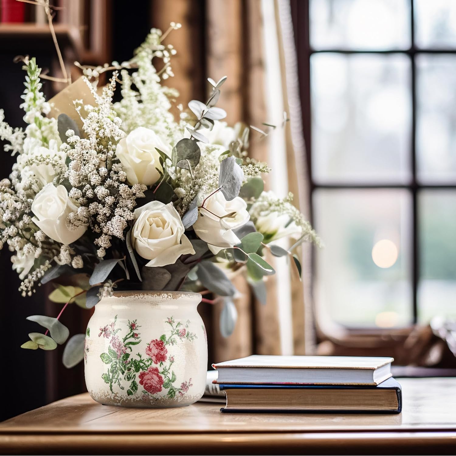 Vintage Planter Large Ceramic Plants Pot Beige Pink French Rose Ice Crack Cottage Scroll Vase Flower Vase Pot Indoor Plants Home Kitchen Decor Farmhouse Antique Decorative Gifts