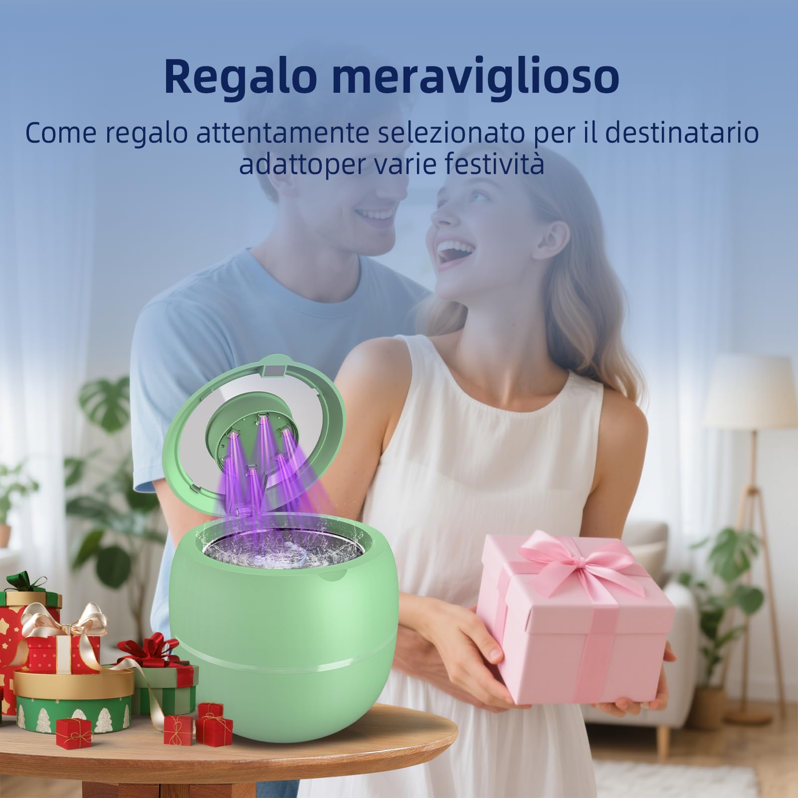 Pulitore Ultrasuoni Cordless 48000Hz, 210ML Portatile Ricaricabile Ultrasonic Cleaner con 6 Luci Automatiche di Pulizia UV Per Protesi, Allineatori, Apparecchi Ortodontici, Gioielli