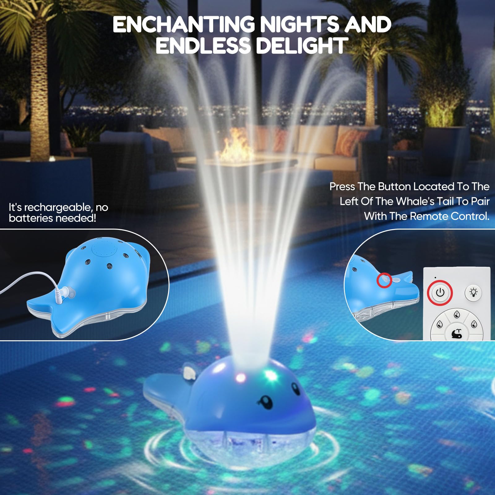 Fontaine Flottante pour Piscine avec Télécommande - Lampe de Piscine Rechargeable en Forme de Dauphin, IP68 Étanche, 12 Modes d'Éclairage et 3 Modes de Fontaine, Décoration pour Piscines, Bassin