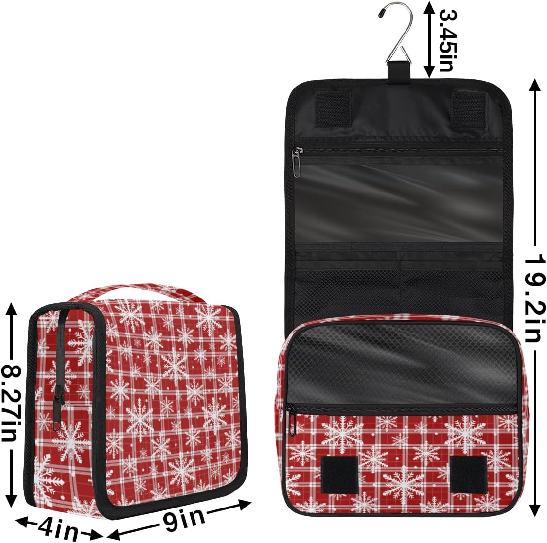 Travel Hanging Toiletry Bag for Women kids, Christmas Snowflake Red Plaid Cosmetic Bag Waterproof Makeup Organizer for weekend overnight Bathroom