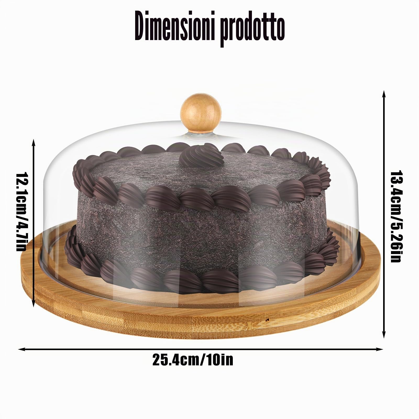 Alzata per torte con coperchio a cupola, 25,4 cm, in bambù, con coperchio, espositore trasparente per torte con cupola in acrilico, per feste di compleanno e matrimoni