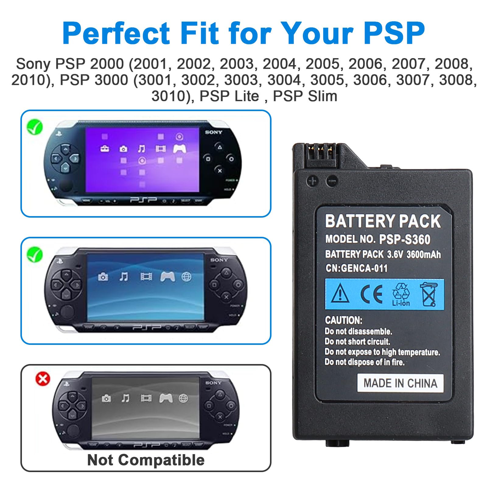 3600mAh PSP-S110 Batterie de Compatible avec Sony PSP-2000 PSP-3000 Batterie Compatible pour PSP-Slim & Lite (PSP-2000 / PSP-2004) pour Sony Console PSP 3000 (PSP-001 / PSP-3004)