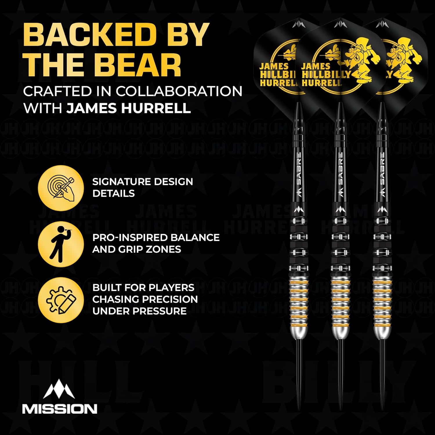 James Hurrell V2 Darts - Steel Tip - 95% Tungsten - Black PVD & Yellow