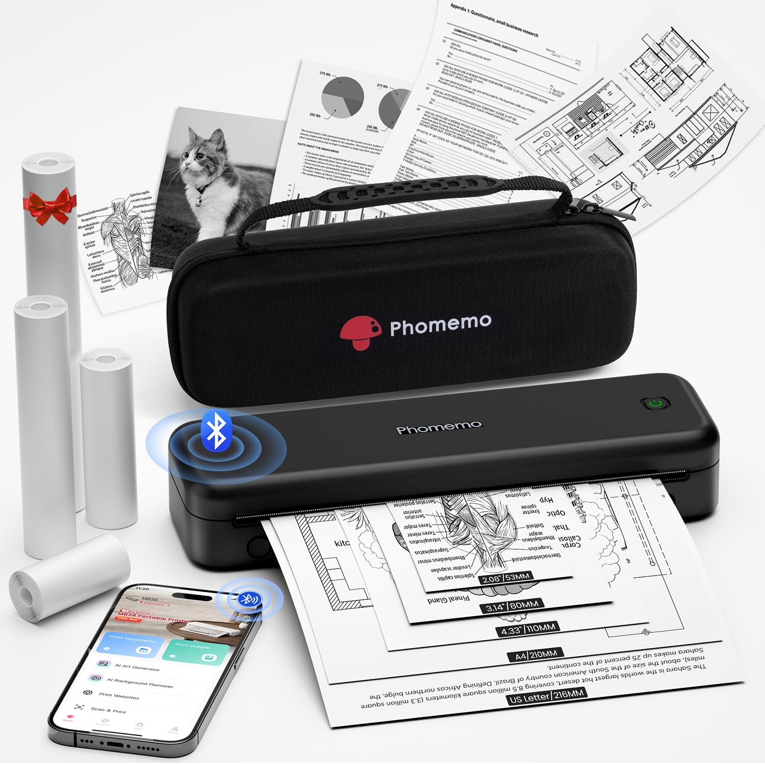 Phomemo M834 Stampante Portatile A4, Stampante Termica Portatile, Connessione Bluetooth e USB, Supporta Carta Termica A4, Con Custodia per il Trasporto e 4 Rotoli di Carta Termica, Nero