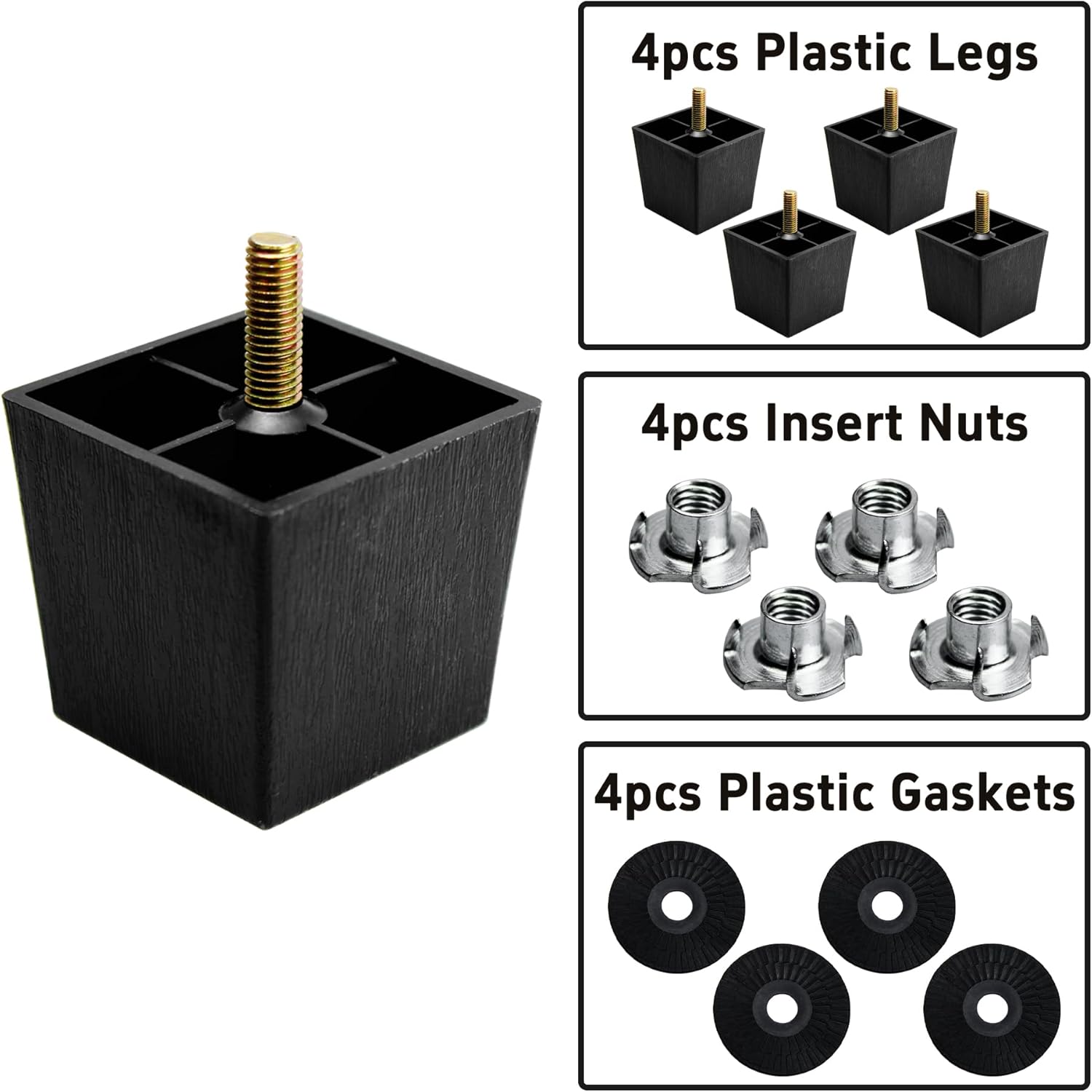 4PCS 2 Inch Plastic Furniture Legs, Square Tapered M8 Thread Sofa Couch Chair Feet Leg Replacement with M8 Hanger Bolts and T-Nuts