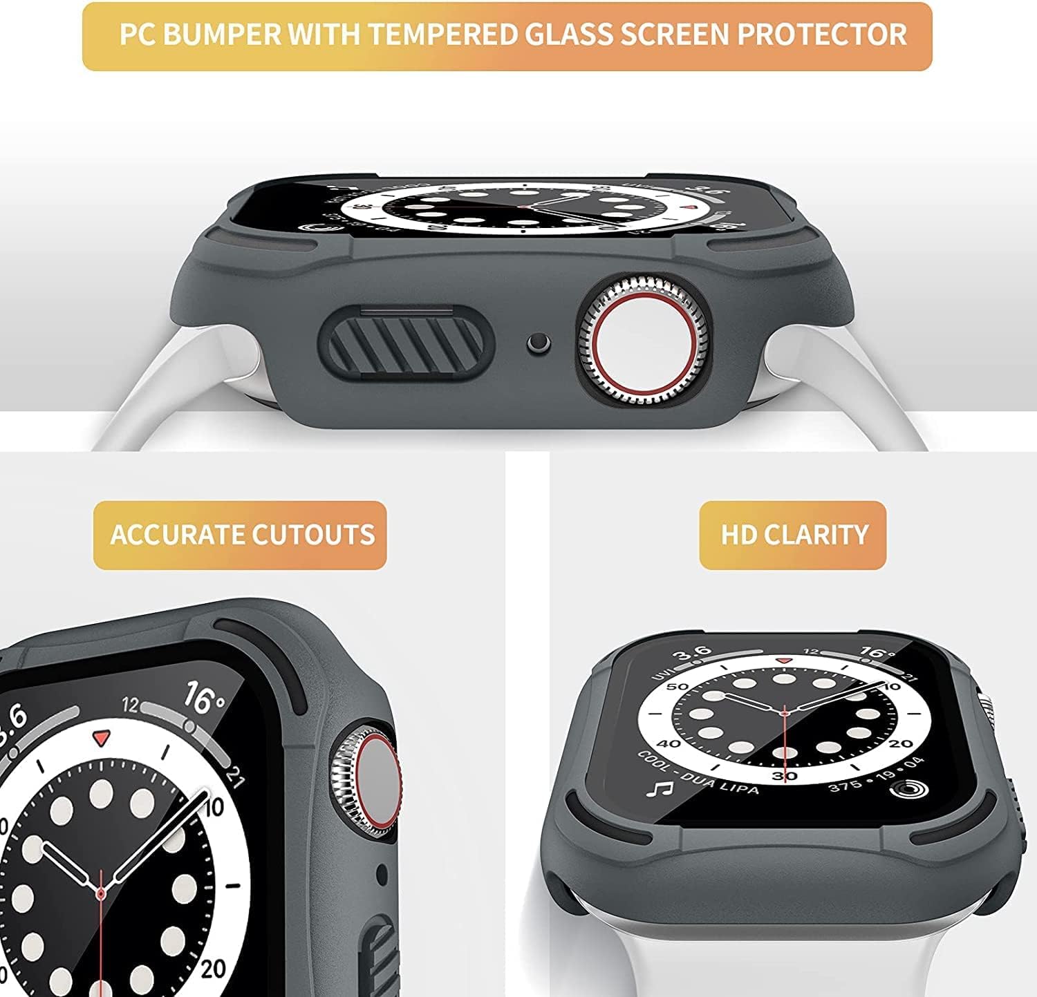 [2Pack] Tensea for Apple Watch Screen Protector Case Series 8 7 45mm Accessories, iWatch Protective PC Face Cover Built-in Tempered Glass Film, Rugged Bumper Case for Men, 45 mm, Black-Gray/Black