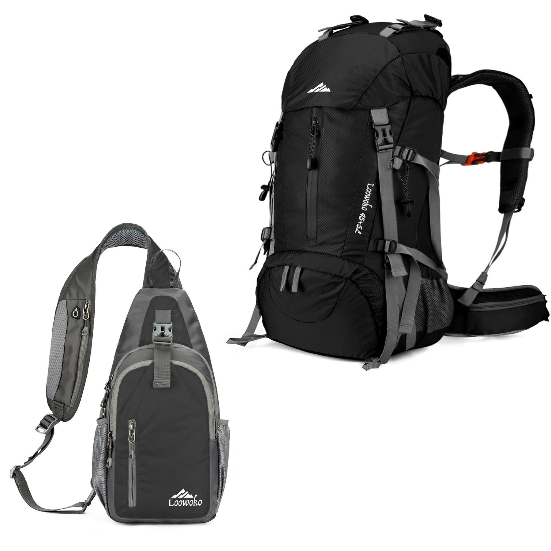 LoowokoHiking Backpack/Sling Bag, 50L Black + 5L Black