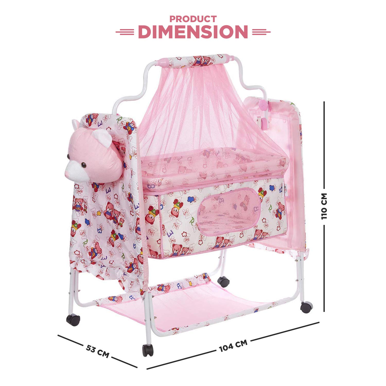 NHR Cozy New Born Baby Cradle, Baby Swing, Baby Jhula, Baby Palna, Baby Bedding, Baby Bed, Crib, Bassinet with Mattress, Pillow, Mosquito Net for (0-9 Months | Pink) - Cotton 3
