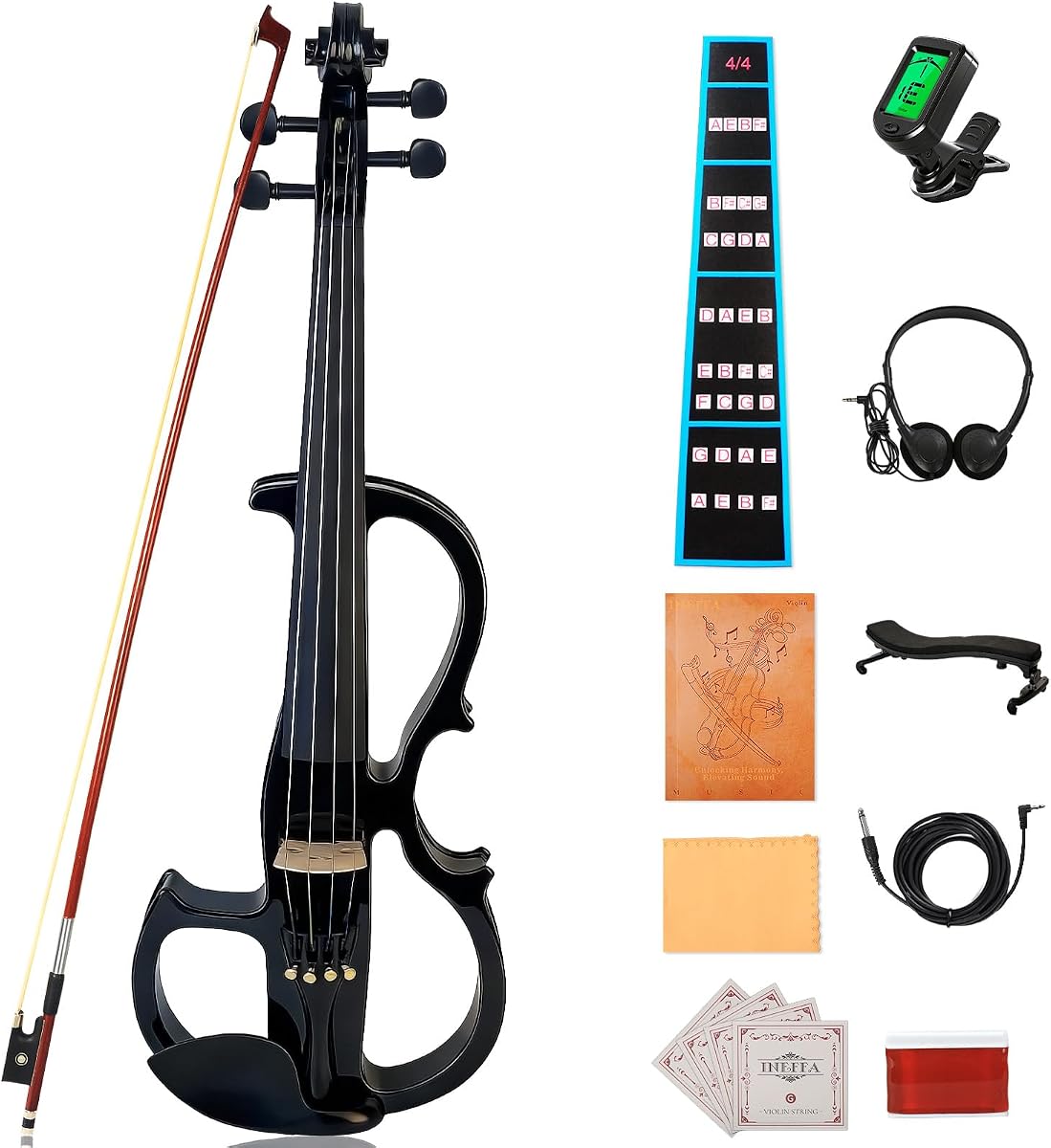 4-String Solid Wood Electric Violin Full Size 4/4 with Pickup & Headphone Output - Complete Beginner to Pro Electric Violin Kit with Case, Bow, Shoulder Rest (Black)