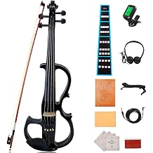 4-String Solid Wood Electric Violin Full Size 4/4 with Pickup & Headphone Output - Complete Beginner to Pro Electric Violin Kit with Case, Bow, Shoulder Rest Black