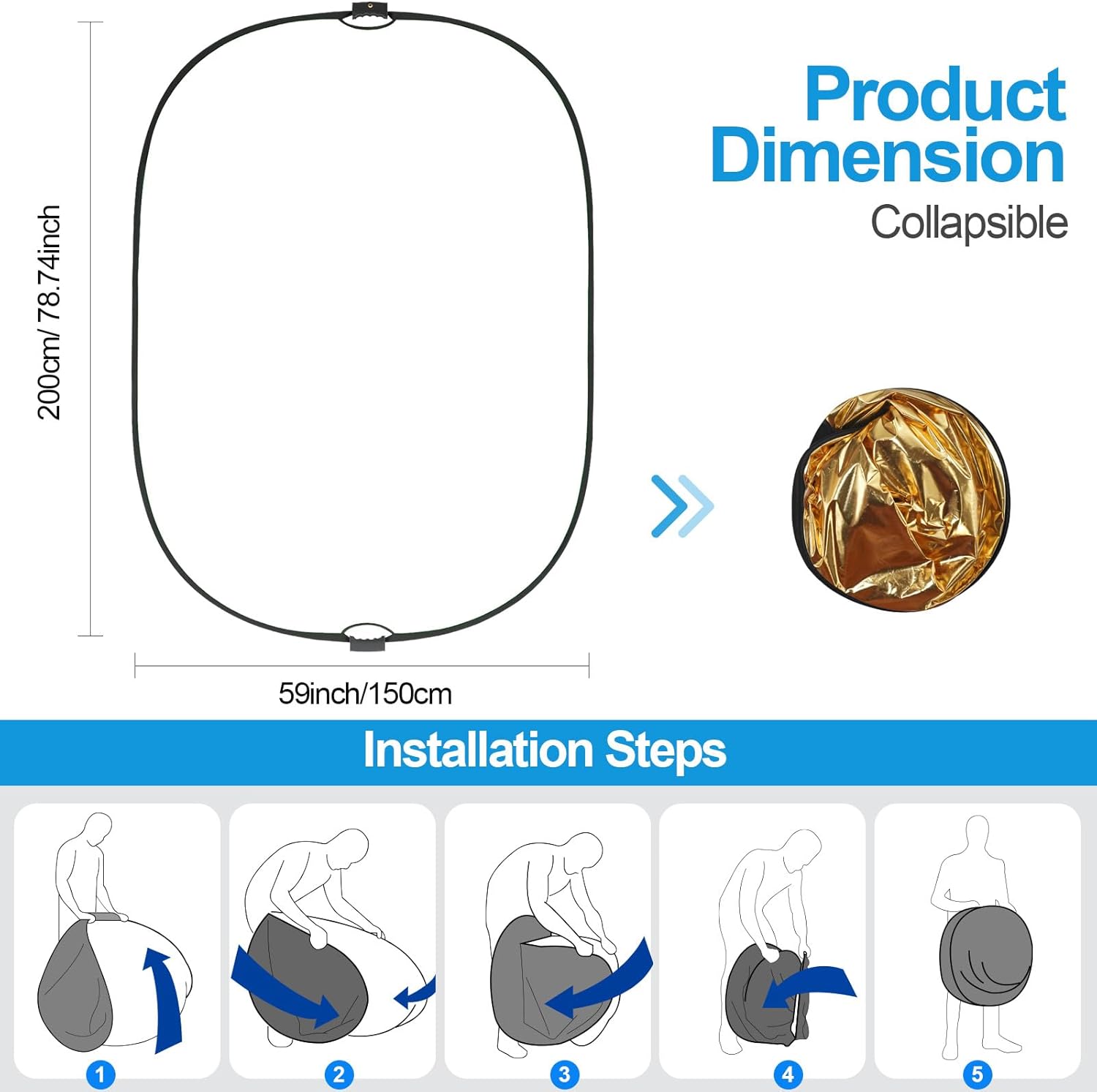 WELLMAKING 5x6.5feet/1.5x2M Reflector Photography, Collapsible Light Reflector with Threaded Handle & tilt Adapter, 5 in 1 Handle Reflector for Lighting -Translucent, Silver, Gold, White and Black