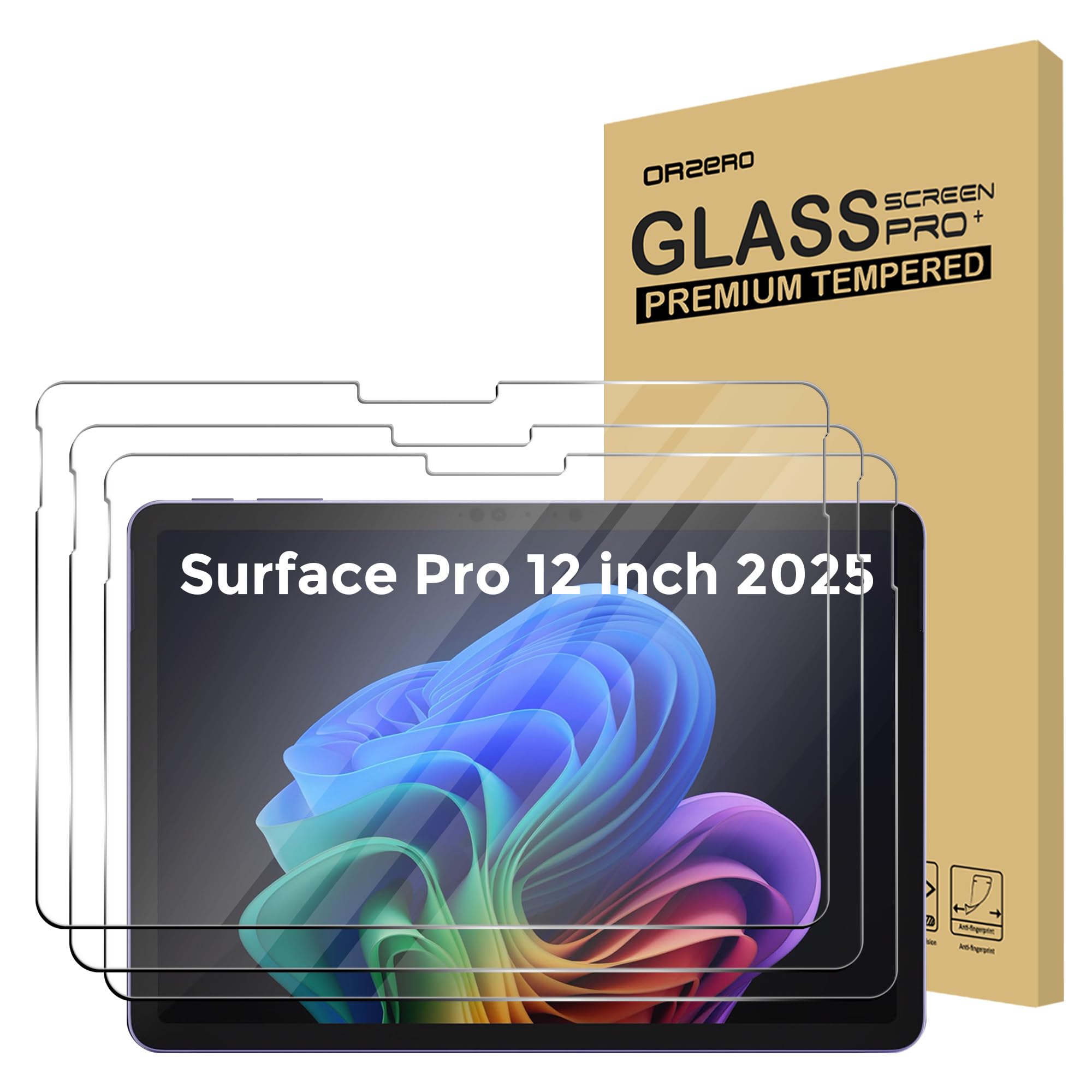 Orzero (3 Pack Compatible for Microsoft Surface Pro 12 inch 2025 Tempered Glass Screen Protector, Protector De Pantalla 9H High Definition Anti-Scratch Bubble-Free