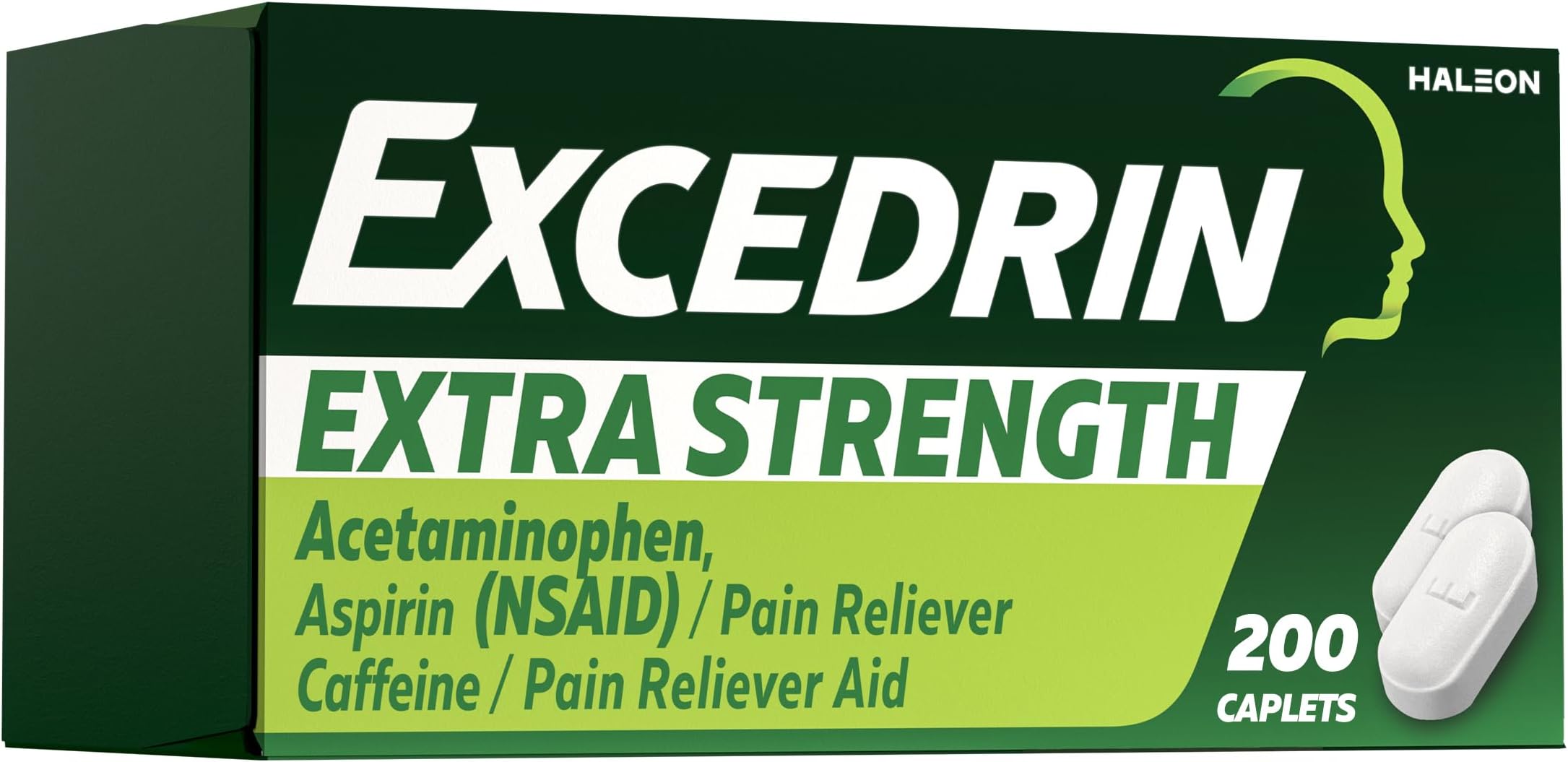 - Excedrin Extra Strength Pain Relief Caplets for Headache Relief, Acetaminophen 250mg, Aspirin 250mg, Caffeine 65mg, Pain Reliever, 200 Count