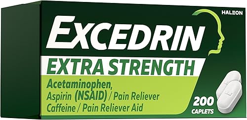 Excedrin cápsulas extra fuertes para aliviar el dolor de cabeza, acetaminofén 250 mg, aspirina 250 mg, cafeína 65 mg, analgésico, 200 unidades