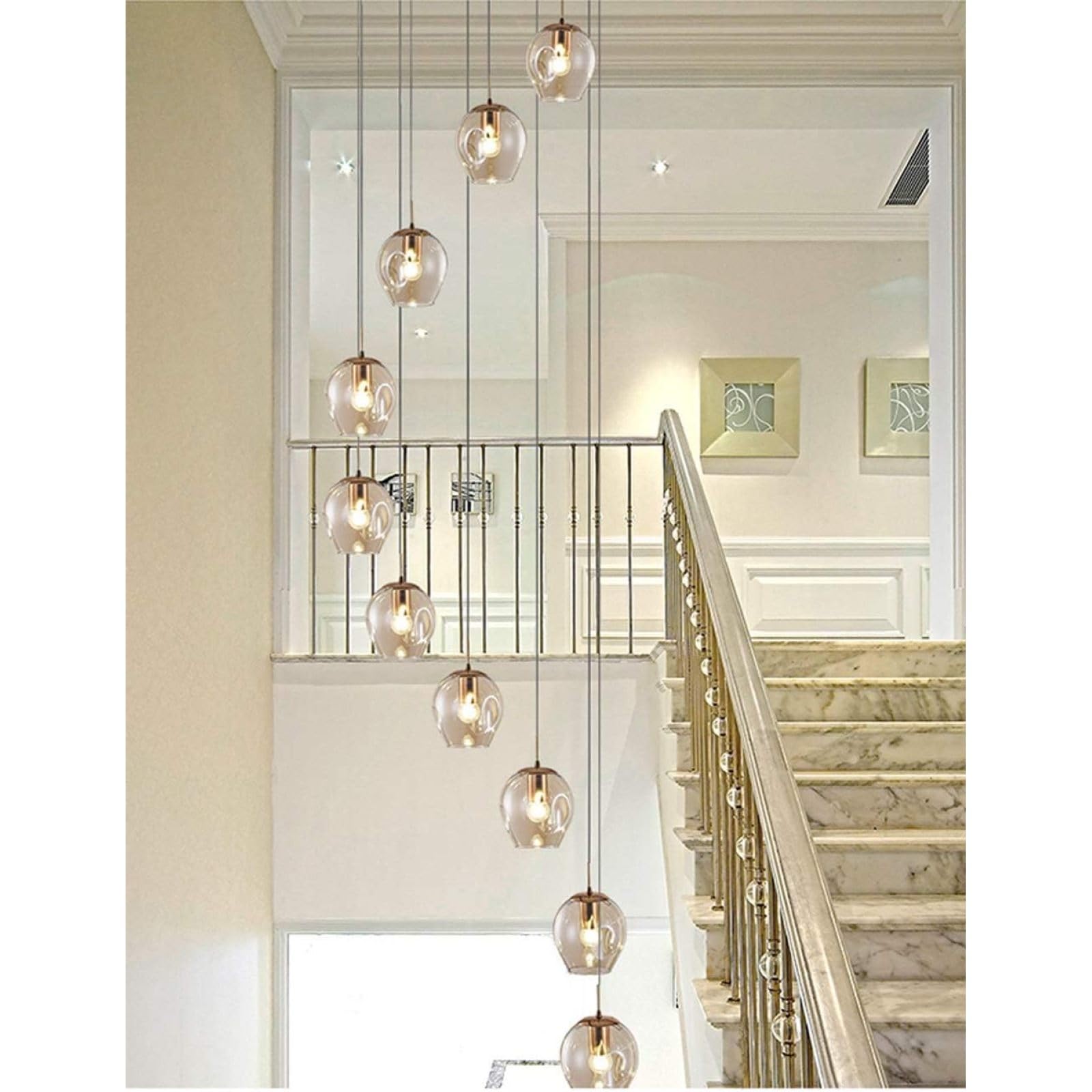 PCXEHUYP 10 Glass Balls Staircase Chandelier Long Pendant Light, Duplex Building Large Living Room Villa Hollow Modern Stair Light Minimalist Lamp 55x200cm