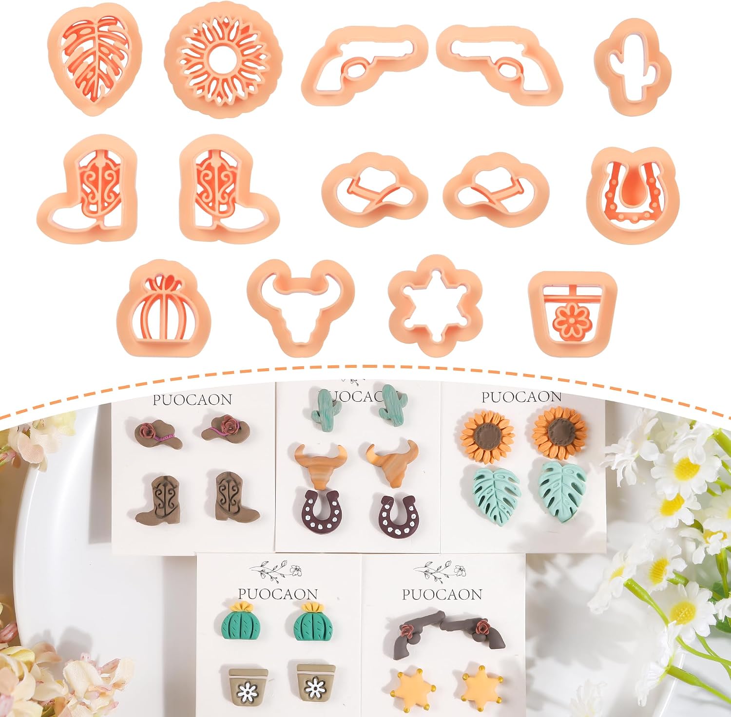 Puocaon Cowboy Polymer Clay Cutters - 14 Pcs Stud Earrings Clay Cutters Cowgirl Boots Hat Shape, Monstera Leaf Cactus Pot Polymer Clay Cutters for Jewelry Making