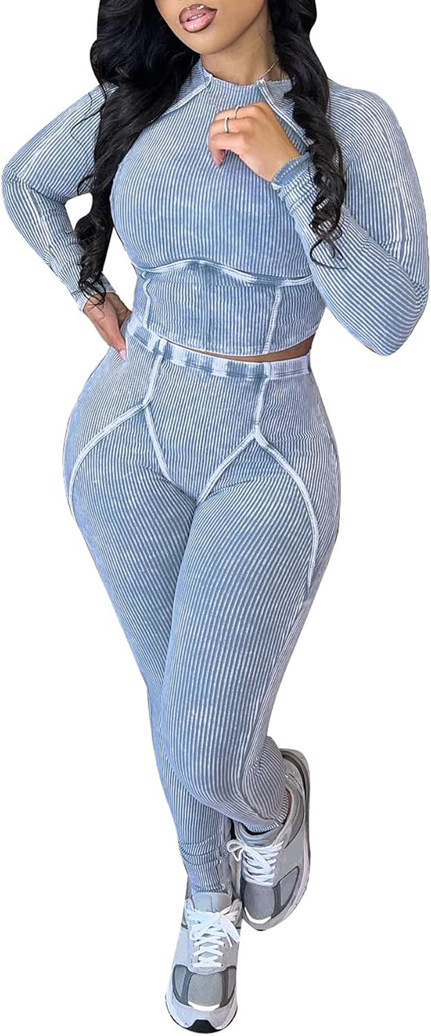 Women Casual Workout 2 Piece Sets Ribbed Elastic Long Sleeve Crop Top High Waisted Leggings Lounge Gym Outfits