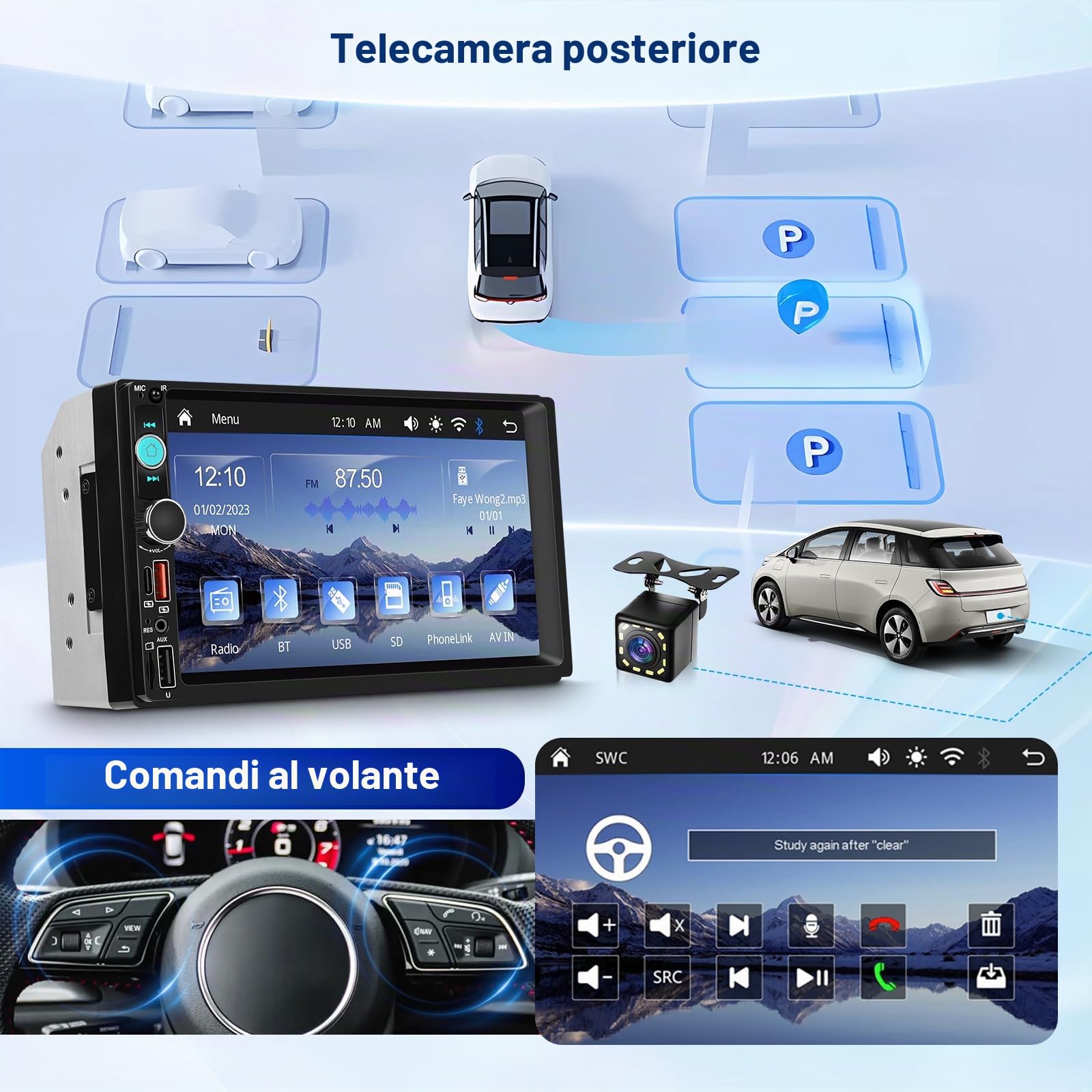 Hodozzy 2 Din Autoradio con Bluetooth Wireless Carplay e Android Auto, 7 Pollici Touch Screen 2 Din MP5 Stereo Auto con Schermo Radio FM, Mirror Link Riproduzione Video Tipo-C/USB/TF con Retromarcia
