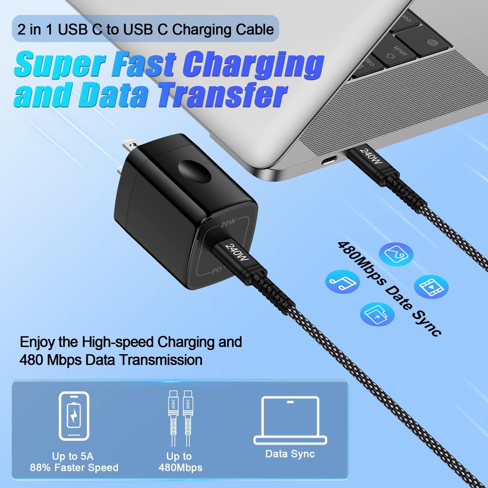 Cable C a C de 240 W de carga rápida tipo C de 10 pies para Samsung Galaxy A17 Z Fold 7 S25 FE Plus Ultra A16 A54 S24, cable largo USB C a USB C para iPhone 17 Air 16 15 Pro Max, MacBook Pro/Air