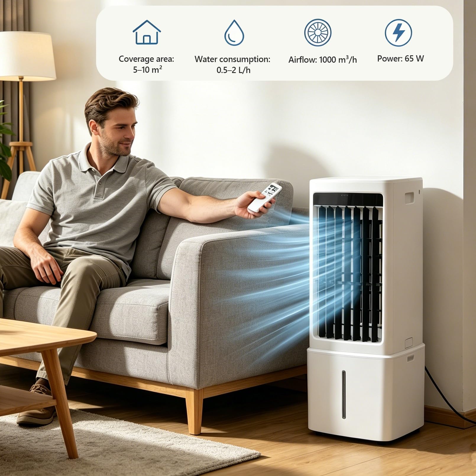 Condizionatore Evaporativo Portatile Senza Tubo 11 L, Raffreddatore d’Aria 3 velocità con telecomando, Ventilatore aria fredda con ghiaccio e umidificatore per domestico, ufficio, camera da letto