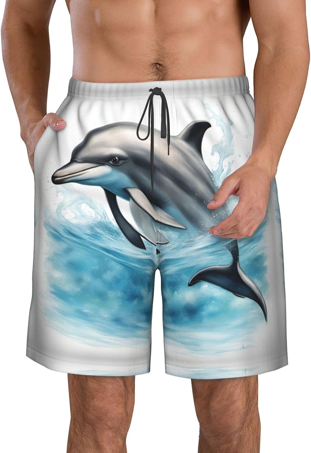 Ocean Dolphin Looking at You Print Men's Quick-Drying Shorts Casual Beach Pants Stretch Waist Shorts and Pockets