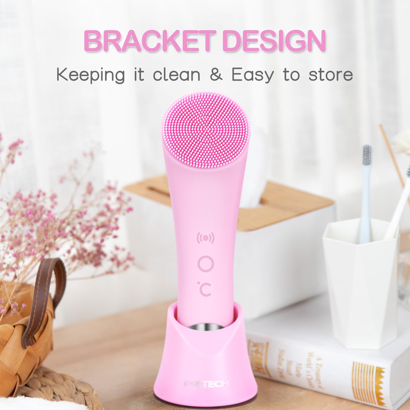 PRITECH Facial Cleansing Brush, Rechargeable Silicone Face Scrubber with Heat Massage End, Vibrating Exfoliator Scrubber for Deep Cleaning, Waterproof Face Brush for Women and Men (Pink)