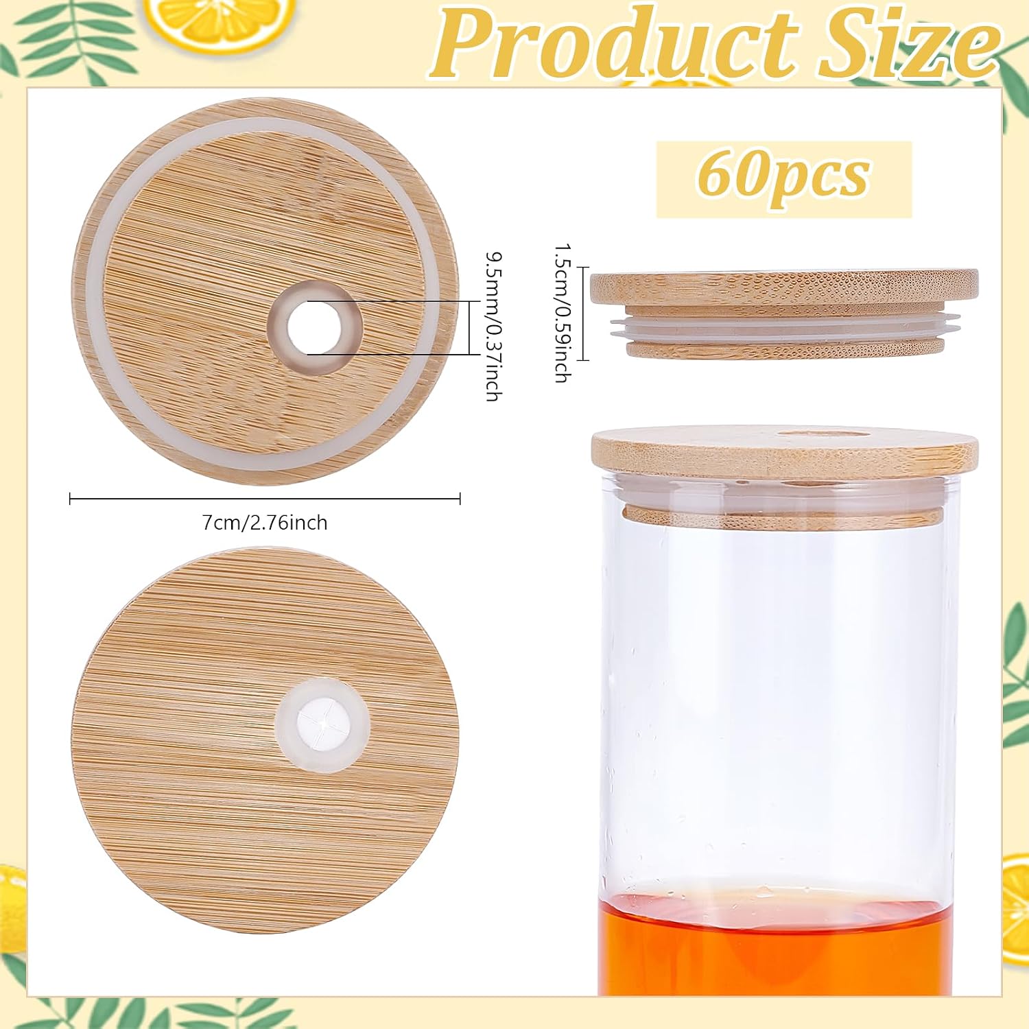 60 Pcs 2.76Inch Bamboo Jar Lids with Straw Hole for Glass Cups, Bamboo Canning Jar Storage Lids with Silicone Ring Glass Cup Covers for Regular Mouth Drinking Jars