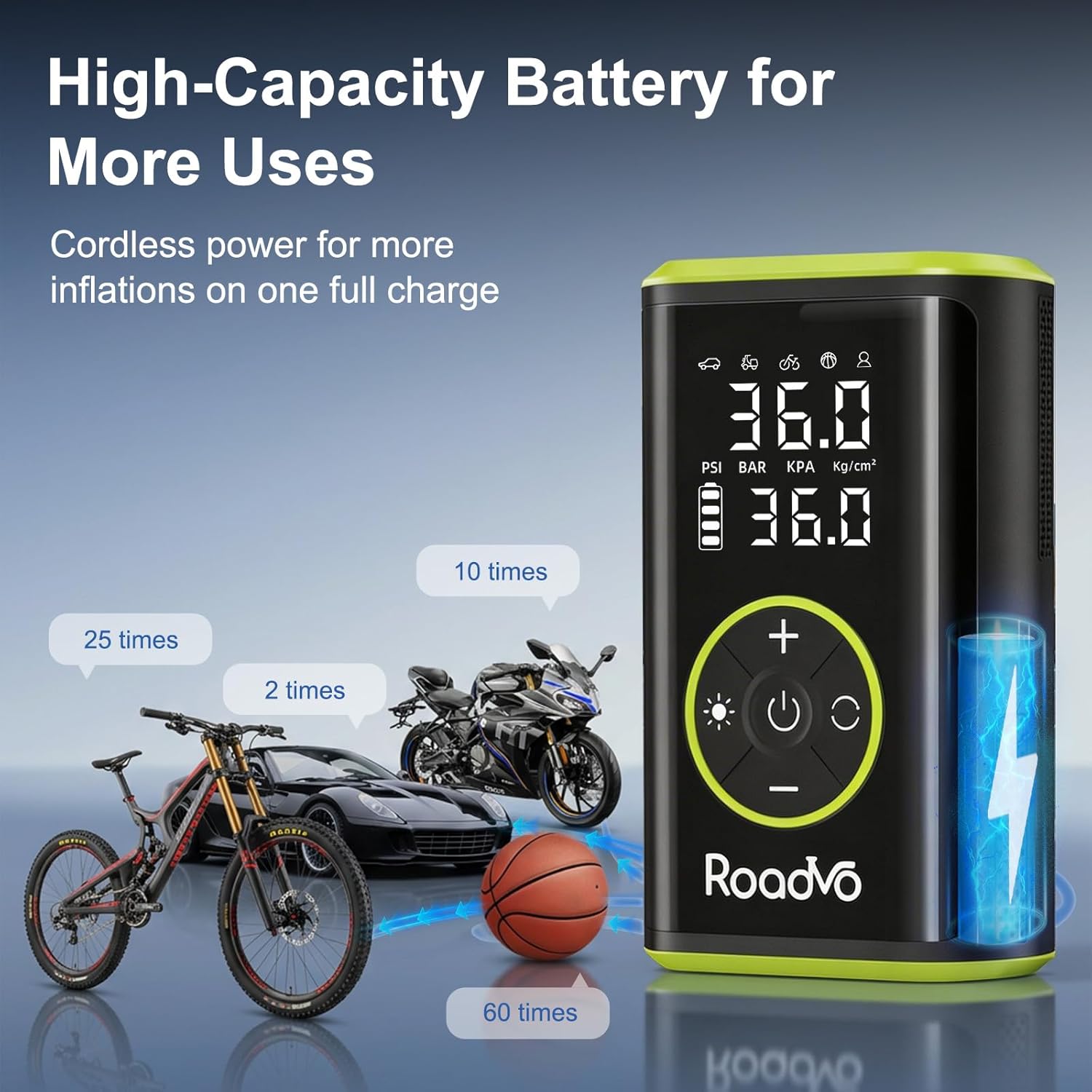 Roadvo [10000mAh] Tire Inflator Portable Air Compressor - 150PSI 3X Faster Cordless Air Pump for Car Tires, Portable Bike Pump with Digital Gauge, Auto Shut-Off, LED Light for Bike, Motorcycle, Ball
