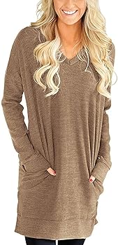 LERUCCI Womens Casual Long Sleeves Solid V-Neck Tunics Shirt Tops with Pockets