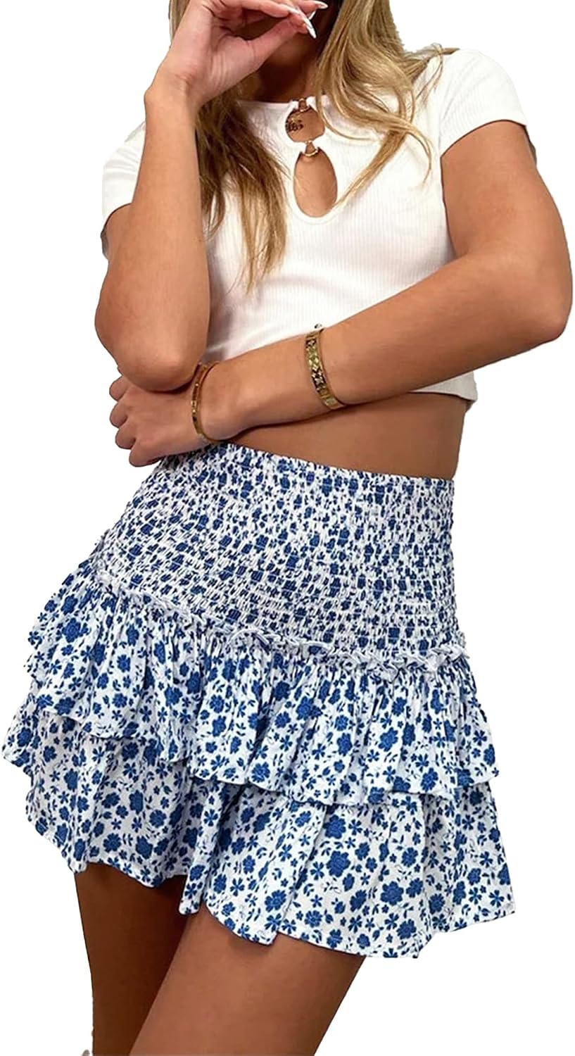 Generic Women's Pleated Tennis Skirts Boho Layered Ruffle Hem Flared Mini Skirts Flower Print Athletic Golf Skorts Skirts