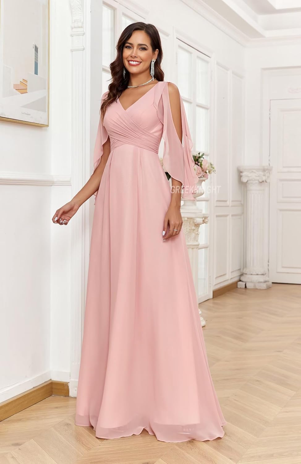 Cold Shoulder Bridesmaid Dresses with Sleeves for Women V Neck Chiffon A Line Pleated Formal Evening Gown