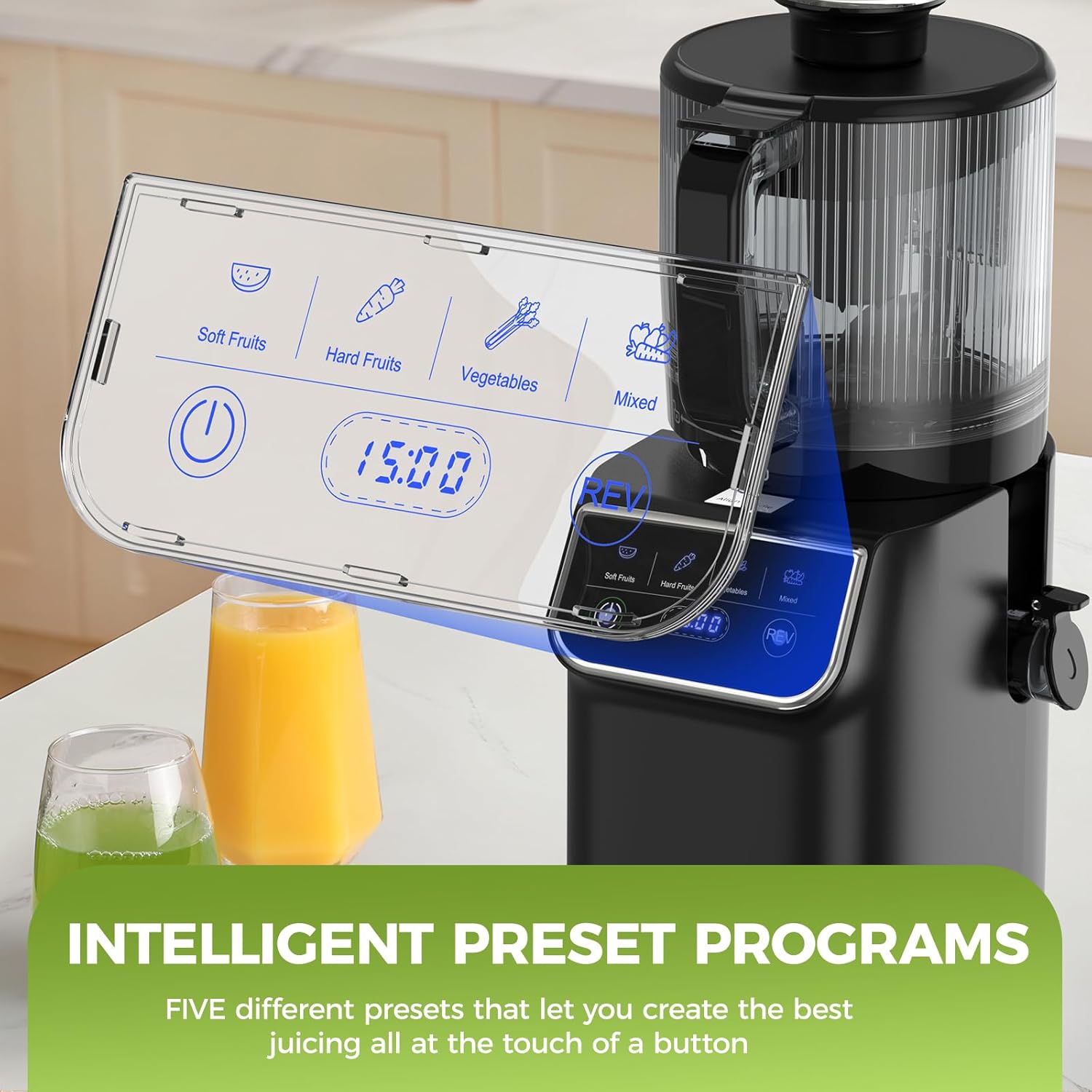 3-in-1 Cold Press Juicer Machine, Smart Touch Masticating Juicers for Whole Fruit & Vegetable, 6.5" Wide Chute Slow Juicer for Nut Milk & Sorbet, High Yield, 100oz Large Capacity, Easy Clean - Image 4