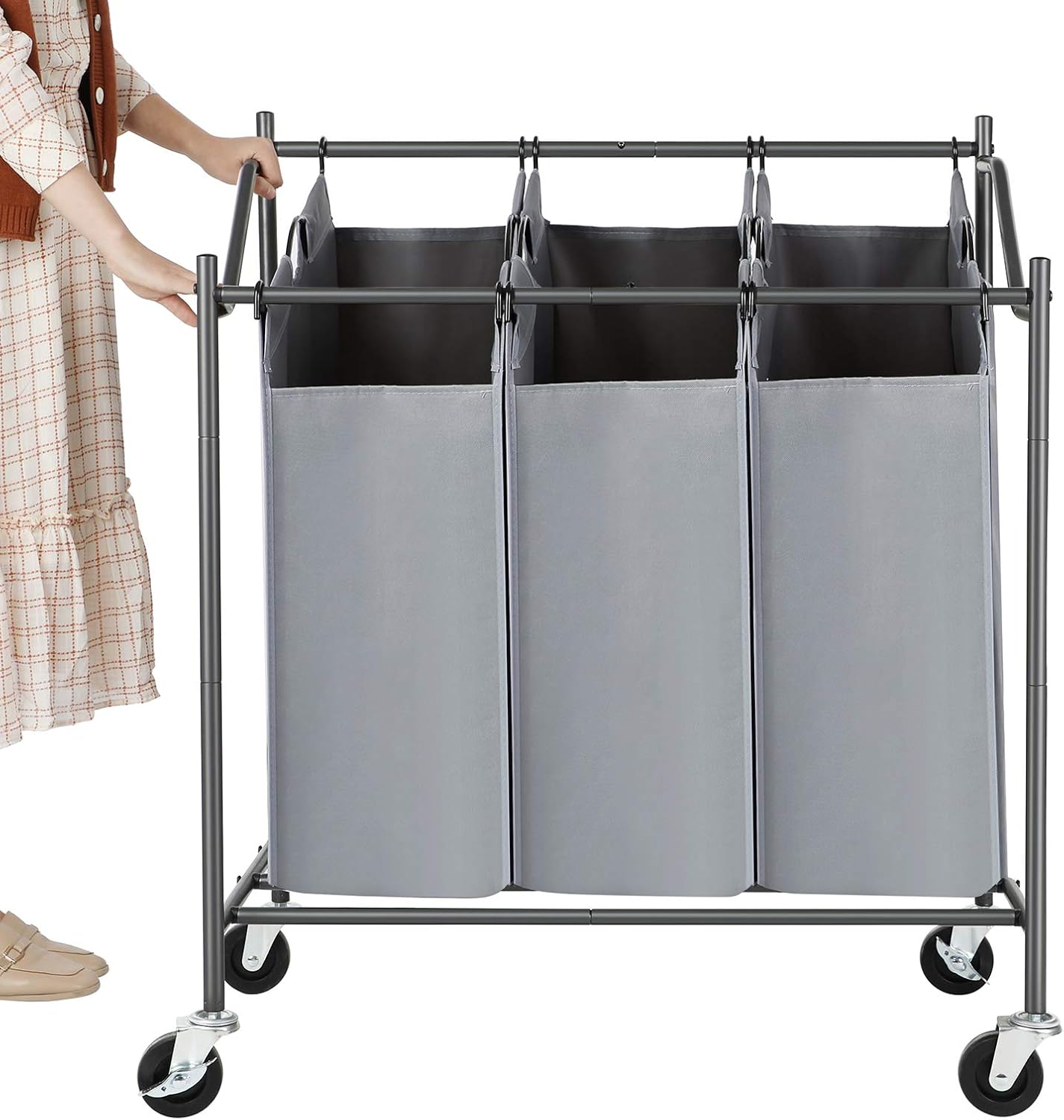 SONGMICS 3-Bag Laundry Cart Sorter, Rolling Laundry Basket Hamper, with 3 Removable Bags, Casters and Brakes, Gray URLS70GS