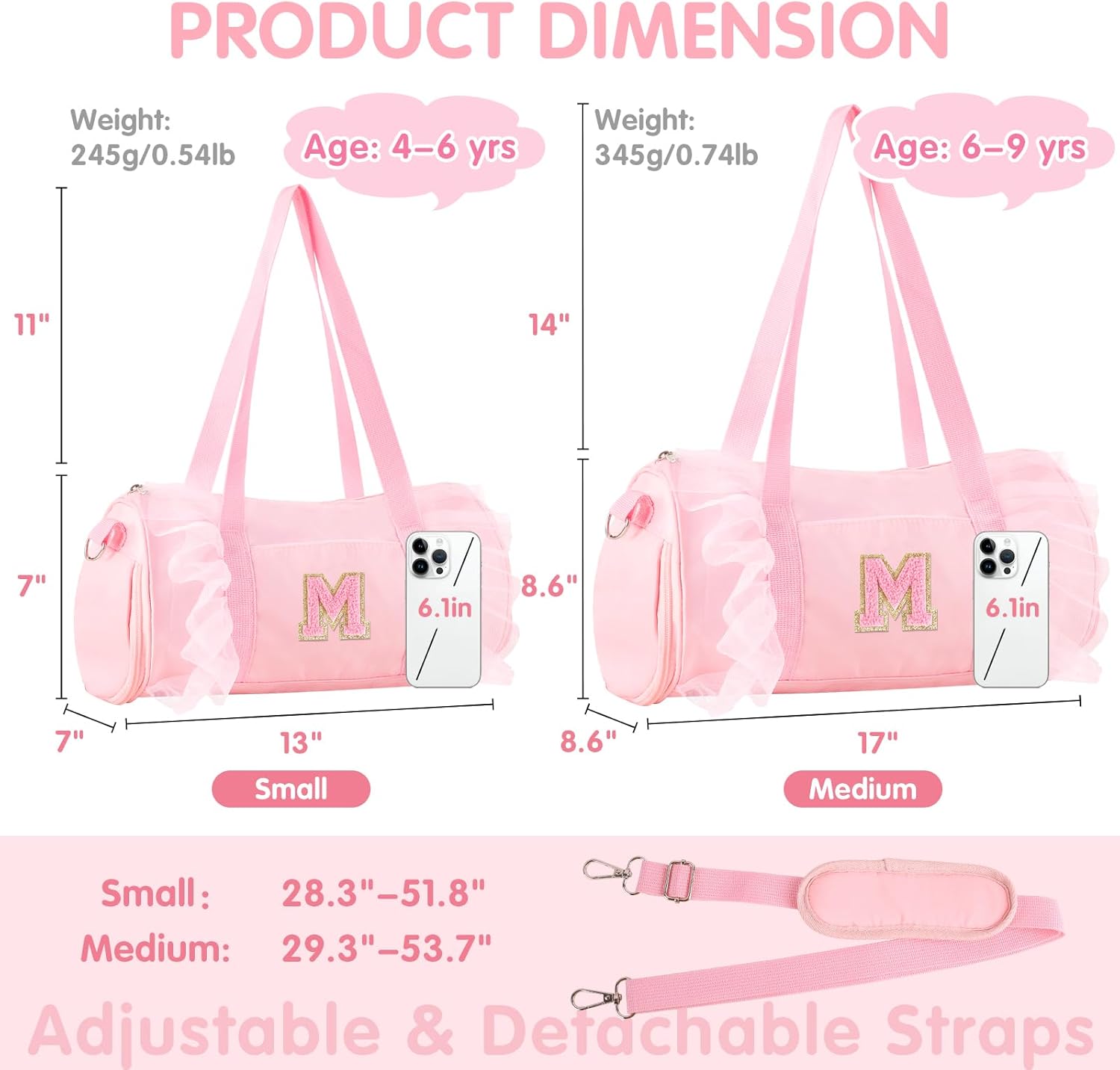 Personalized Initial Dance Bag for Girls 4-6, Small Lace Gym Sport Yoga Cheer Dance Bags Gift for Teen Girls, Cute Letter Kids Ballet Bag Toddler Travel Duffel Tote with Adjustable Straps(Pink-M) - Image 2