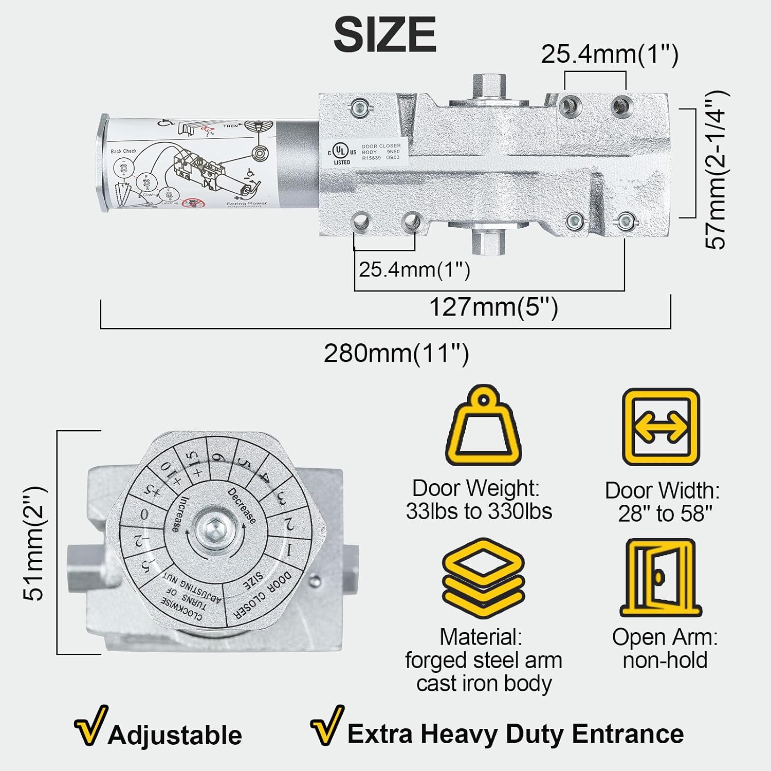 Grade 1 Commercial Door Closer, Extra Heavy Duty Hydraulic Auto Closer, Cast Iron Body & Forged Steel Arm, Size 1-6, Self-Closing, UL 3 Hour Fire Rated, ADA, 3 Mount Types, DC-OB
