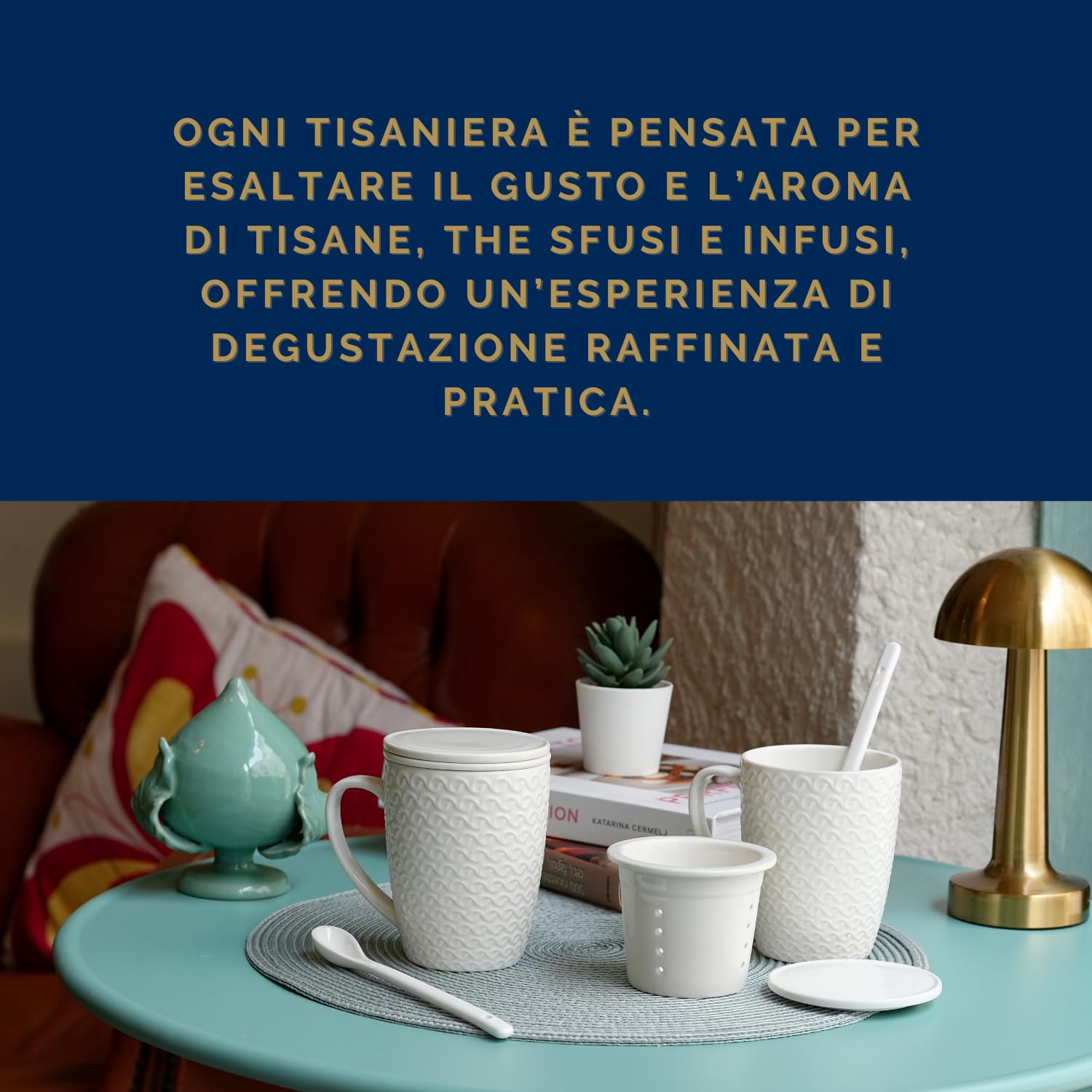 Set 2 Pezzi Tisaniere Tazze con Cucchiaio Filtro e Coperchio in Porcellana Liscia e Resistente Tisana The Infusi Elegante Idea Regalo